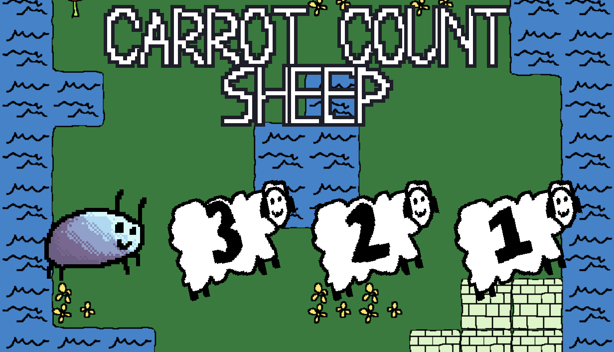 Carrot Count Sheep key art: Carrot the bug beside three numbered sheep on a green field